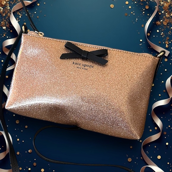 kate spade Handbags - Kate Spade Emery Street Amy Glitter Rose Gold Crossbody With Black Bow